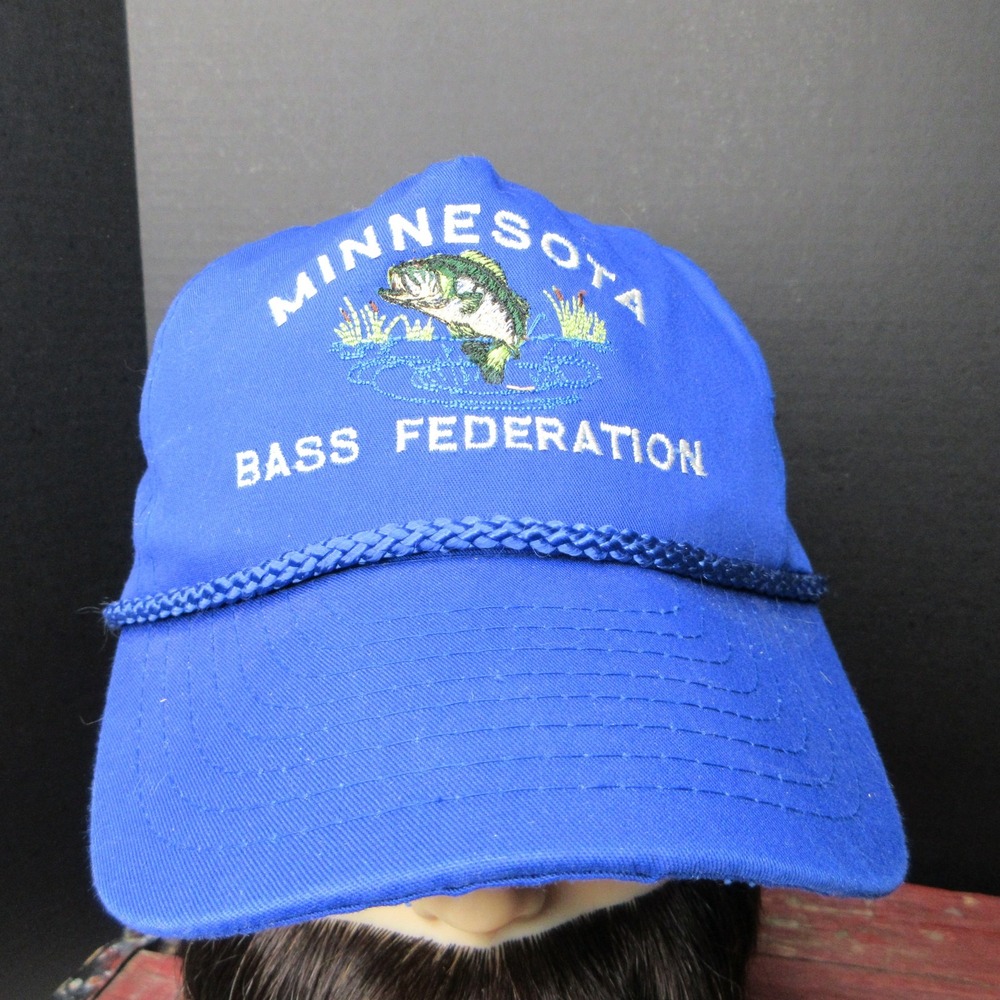Vintage NISSIN Minnesota Bass Federation Fishing Cap Hat Blue Adjustable Rope